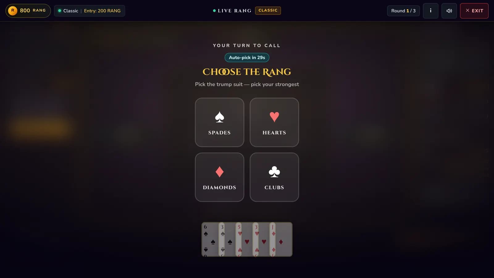 The Choose the Rang screen, with buttons for spades, hearts, diamonds and clubs above the caller's first five cards