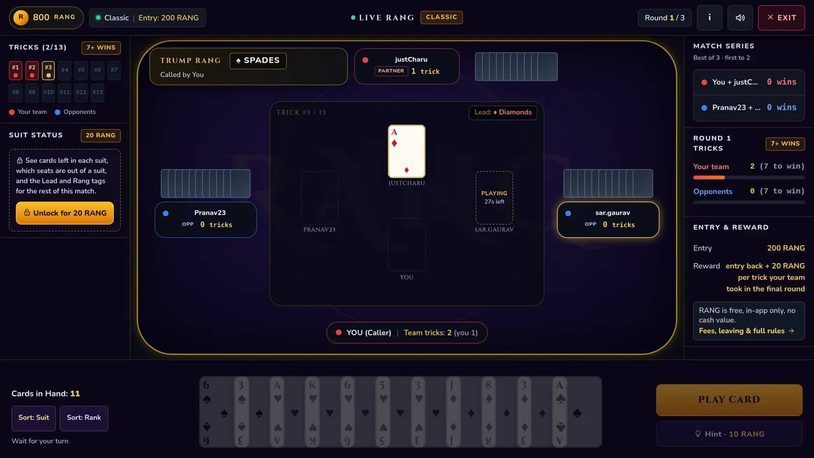Rang Royale card table on a computer: trump suit spades, partner's ace of diamonds leading the trick, the trick tracker on the left and the match series on the right, with your hand along the bottom